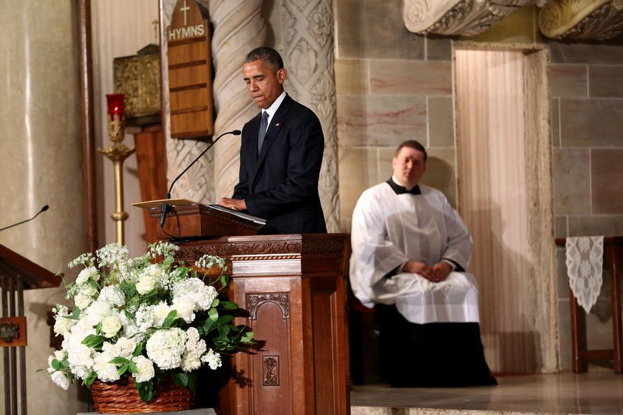 President Obama pauses while delivering the eulogy in honor of former Delaware Attorney General Beau Biden, Saturday, June 6, 2015, at St. Anthony of Padua Church in Wilmington, Del. (Associated Press) ** FILE **
