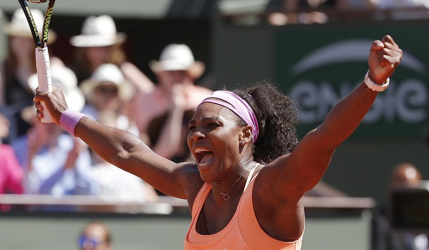 Serena Williams of the U.S. reacts she plays Lucie Safarova of the Czech Republic during their final match of the French Open tennis tournament at the Roland Garros stadium, Saturday, June 6, 2015 in Paris.  (AP Photo/Michel Euler)
