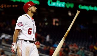 The Nationals&#39; Anthony Rendon throws his bat after striking out in a loss last week at home to the Chicago Cubs. The Nationals say they aren&#39;t worried about their poor stretch. (Associated Press)