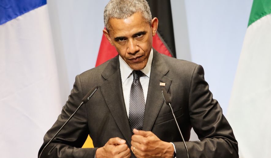 U.S. President Barack Obama speaks during a media conference at the conclusion of the G-7 summit at Schloss Elmau hotel near Garmisch-Partenkirchen, southern Germany, Monday, June 8, 2015. The two-day summit  addressed such issues as climate change, poverty and the fight against terrorism. (AP Photo/Markus Schreiber)