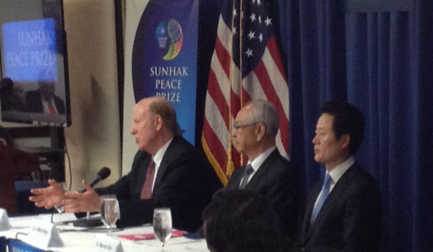 The first winners of the Sunhak Peace Prize were announced Monday June 8, 2015 at the National Press Club in Washington, D.C., by (left to right) academics Thomas G. Walsh, chairman of the Sunhak Peace Prize Foundation; Il-Sik Hong, chairman of the Sunhak Peace Prize Committee; and Man-Ho Kim, board member of the Sunhak Peace Prize Foundation. The winners — Kiribati President Anote Tong and Indian fisheries scientist M. V. Gupta — will both receive $500,000, a medal, certificate and a chance to present their activities to an audience of 1,000 world dignitaries on Aug. 28 in Seoul. (Cheryl Wetzstein/The Washington Times)

