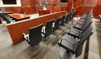 FILE - This Jan. 15, 2015, file photo shows a view of the jury box, right, inside Courtroom 201, where jury selection in the trial of Aurora movie theater shootings defendant James Holmes was set to begin at the Arapahoe County District Court in Centennial, Colo. Three jurors in the Colorado theater shooting trial were dismissed Tuesday, June 9, 2015, amid concern they had been exposed to media coverage of the case and were discussing it among themselves. (AP Photo/Brennan Linsley, Pool, File)