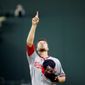 Washington Nationals starting pitcher Blake Treinen points to the sky before throwing his first pitch in the first inning of a baseball game against the Atlanta Braves, Wednesday, Sept. 17, 2014, in Atlanta. (AP Photo/David Goldman)
