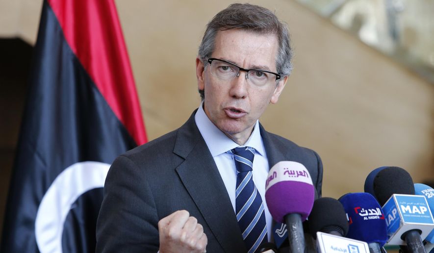 FILE - In this Friday, March 20, 2015 file photo, U.N. special envoy to Libya, Bernardino Leon, speaks during a press conference at the Palais des Congres of Skhirate, 30 kilometers (19 miles) south of Rabat, Morocco. Libya&#x27;s parliament drops out of U.N.-brokered negotiations in protest against a draft plan for it to share power with its rivals, throwing doubt on what is seen as a last-chance effort to avert the further collapse of the North African nation. (AP Photo/Abdeljalil Bounhar, File)