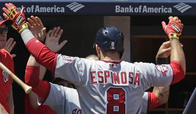 Teammates greet Washington Nationals Danny Espinosa at the dugout steps after he hit a  solo home run in the fifth inning of a baseball game against the New York Yankees at Yankee Stadium in New York, Wednesday, June 10, 2015.  (AP Photo/Kathy Willens)