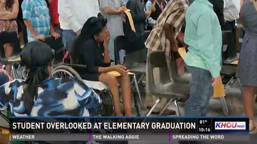 Trinecia Blacklock, a fifth-grader at Link Elementary School, was overlooked at her elementary school's graduation after officials forgot to call her name and failed to put up a ramp so she could cross the stage in her wheelchair with the other students. (KHOU)