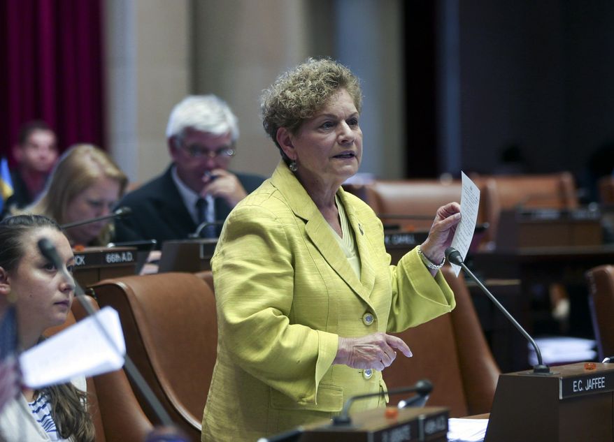 Assemblywoman Ellen Jaffee, D-Suffern, debates a bill for a state monitor for the East Ramapo schools in the Assembly Chamber at the Capitol on Thursday, June 11, 2015, in Albany, N.Y. (AP Photo/Mike Groll)