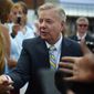 Sen. Lindsey Graham, South Carolina Republican and 2016 presidential hopeful, greets supporters in Central, S.C., on June 1, 2015. (Associated Press) **FILE**