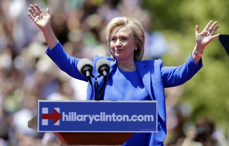 Democratic presidential candidate, former Secretary of State Hillary Rodham Clinton gestures before speaking to supporters Saturday, June 13, 2015, on Roosevelt Island in New York, in a speech promoted as her formal presidential campaign debut. (AP Photo/Frank Franklin II) ** FILE **