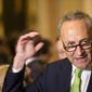 FILE - In this May 5, 2015, file photo, Sen. Charles Schumer, D-N.Y., speaks to reporters on Capitol Hill in Washington. Schumer wants airlines to scrap a proposal to reduce the allowed size of carry-on luggage. He planned a news conference Sunday, June 14, 2015, to warn travelers that a 20 percent reduction would force them to pay more for check-in fees or spend money on new luggage.  (AP Photo/Brett Carlsen, File)