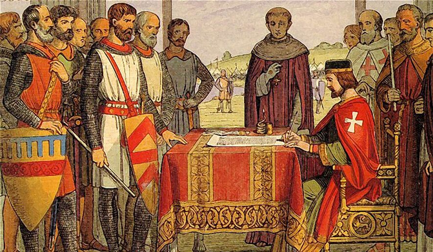 An artistic interpretation of King John&#x27;s signing the Magna Carta before English barons at Runnymede in 1215
