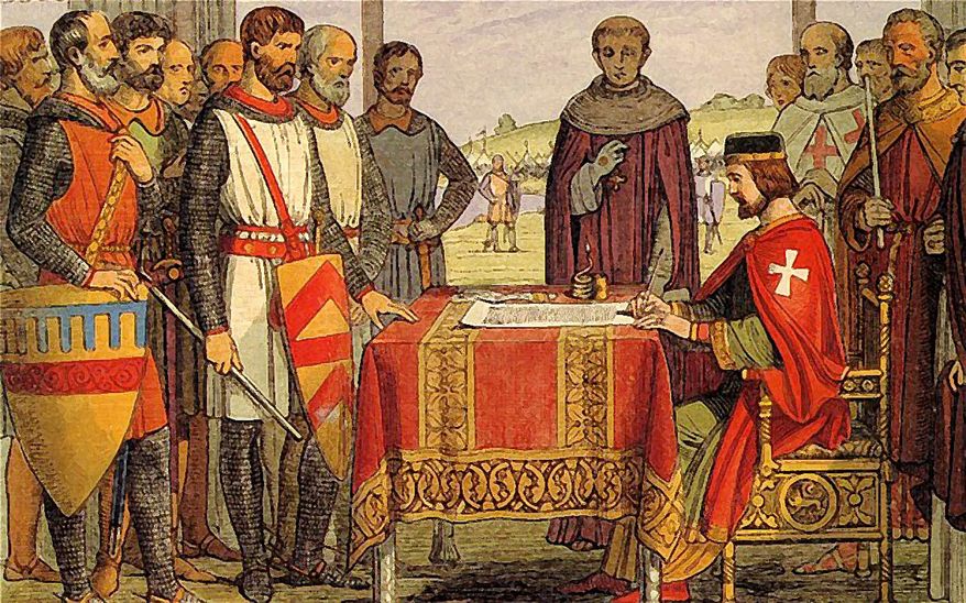 An artistic interpretation of King John&#39;s signing the Magna Carta before English barons at Runnymede in 1215