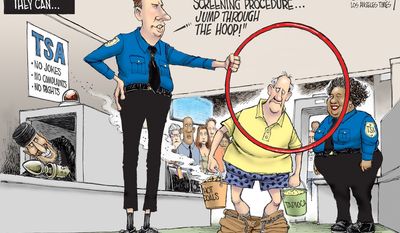 This is our latest security screening procedure ... (Illustration by David Horsey of the Los Angeles Times)