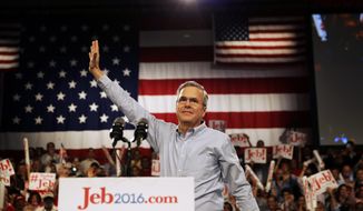 Former Florida Gov. Jeb Bush waves as he takes the stage as he formally announced he is joining the race for president with a speech, Monday, June 15, 2015, at Miami Dade College in Miami. (AP Photo/David Goldman)