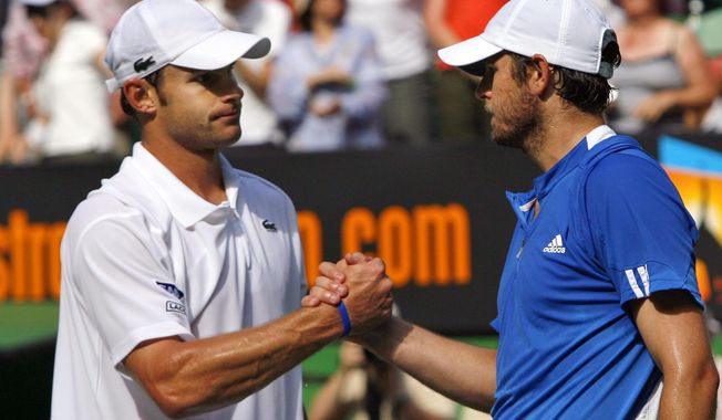 FILE- In this Jan. 23, 2007, file photo, Andy Roddick, left, of the United States, is congratulated by compatriot Mardy Fish after their quarterfinal match at the Australian Open tennis tournament in Melbourne, Australia. The pair will play doubles together at the BB&amp;amp;T Atlanta Open next month, and Fish is also going to attempt another comeback in singles.   (AP Photo/Andrew Brownbill, File)