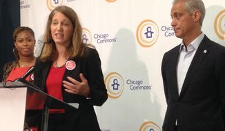 U.S. Health and Human Services Secretary, center, Sylvia Burwell speaks at a news conference accompanied by Chicago Mayor Rahm Emanuel, right, and Head Start parent Morgan Alexander, at Nia Family Center Tuesday, June 16, 2015, in Chicago. Burwell announced proposed revisions to Head Start that would expand the early learning program to a full school day and a full school year.  Illinois serves more than 40,000 children in Head Start and Early Head Start, with approximately half of those children living in the city of Chicago. (AP Photo/Carla K. Johnson)