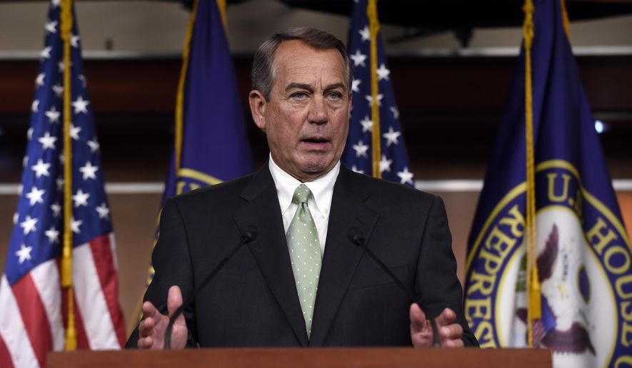 FILE - In this May 21, 2015 file photo, House Speaker John Boehner of Ohio speaks during a news conference on Capitol Hill in Washington. Pope Francis' call for dramatic action on climate change drew a round of shrugs from congressional Republicans on Thursday, while many of the party's presidential candidates ignored it entirely. Boehner, a Catholic who invited the pontiff to address Congress later this year, said the pope is not afraid to challenge thinking on various issues. "I respect his right to speak out on these important issues," Boehner said, but he demurred when asked whether Francis' views, made public in an encyclical released Thursday, might spur legislative action by the Republicans who run Congress. (AP Photo/Susan Walsh, File)