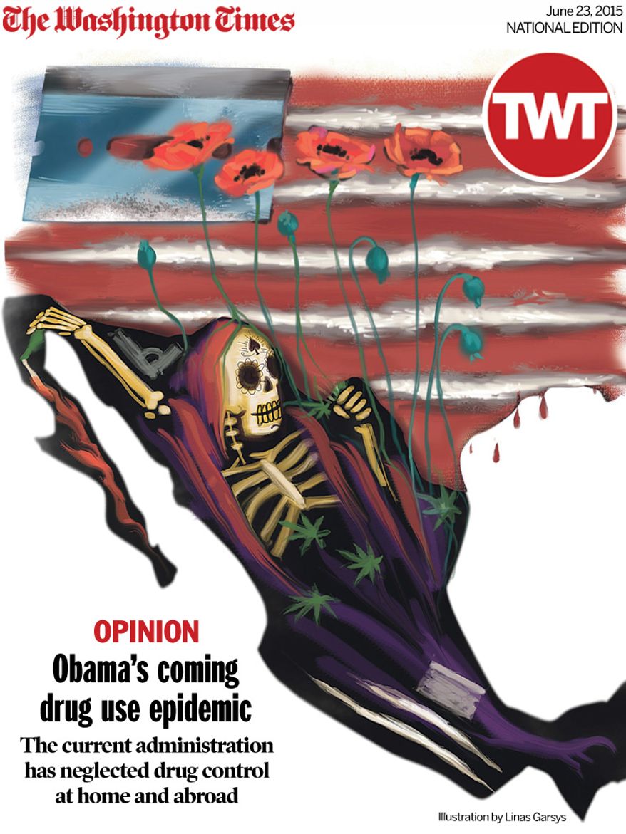 National Edition Opinion cover for June 23, 2015 - Obama’s coming drug use epidemic (Illustration by Linas Garsys for The Washington Times)
