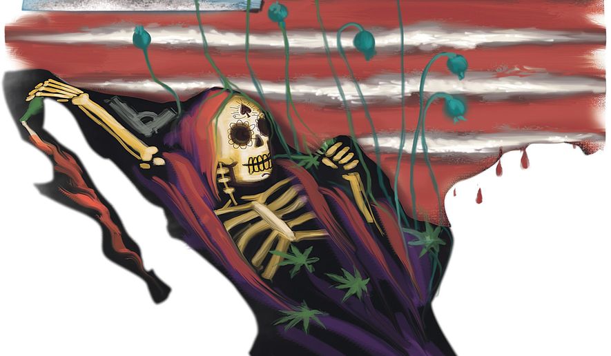 Illustration on the coming epidemic of Mexican drugs into the U.S. by Linas Garsys/The Washington Times