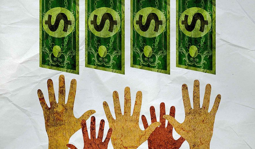 CARE Hands Groping for Cash Illustration by Greg Groesch/The Washington Times
