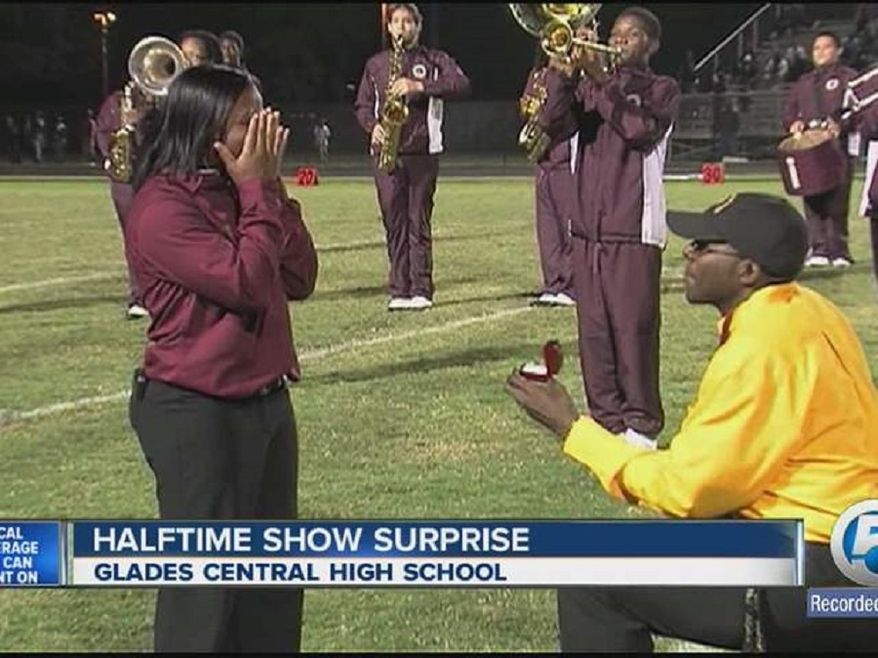 Football Game Proposal: What about a little half time surprise? One high school band director proposed to his girlfriend during half time of their Friday night football game. (Photo: WPTV.com)