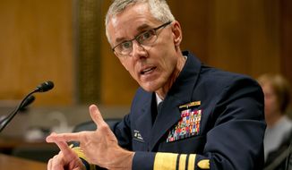 FILE - In this June 10, 2015, file photo, Coast Guard Vice Commandant Peter Neffenger testifies on Capitol Hill in Washington, before the Senate Homeland Security Committee hearing on his nomination to head the Transportation Security Administration (TSA). (AP Photo/Jacquelyn Martin, File)