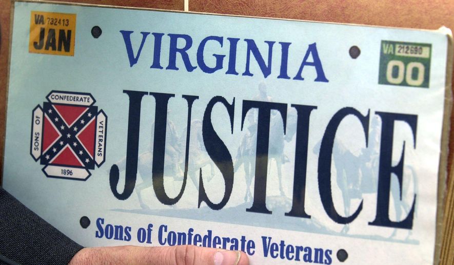 A sample of the Sons of Confederate Veterans specialty Virginia state license plate in Richmond, Va., is seen here on May 2, 2002. (Mark Gormus/Richmond Times Dispatch via Associated Press) **FILE**