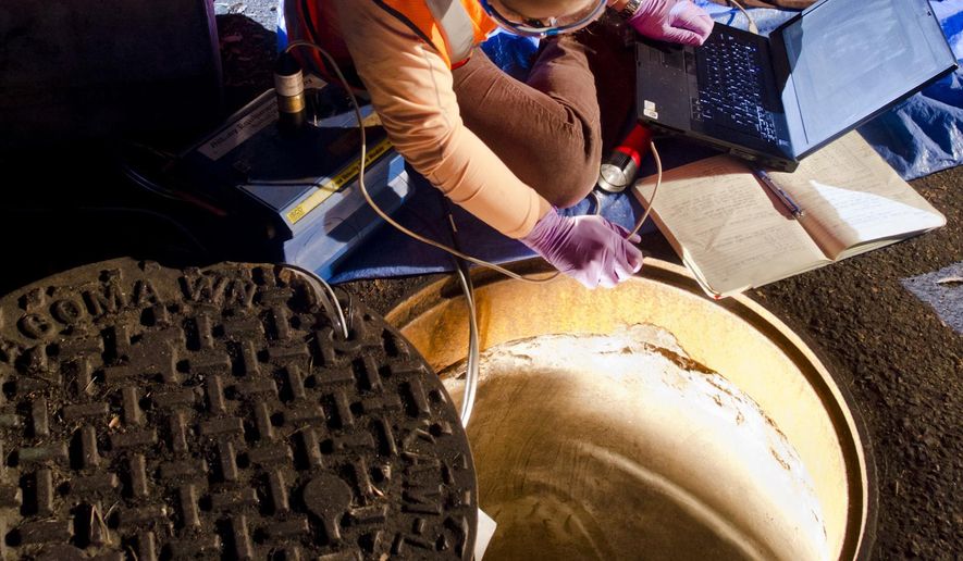In this 2013 photo provided by the University of Puget Sound, Kathryn Ginsberg collects wastewater that will be tested for trace levels of pharmaceutical drugs from a sewer near Tacoma, Wash. The federal government is chipping in money for a three-year pilot study using sewage samples to determine levels of marijuana use in two Washington cities — research that could help answer some key questions about pot legalization, the University of Puget Sound announced Monday, June 22, 2015. (Ross Mulhausen/University of Puget Sound via AP)