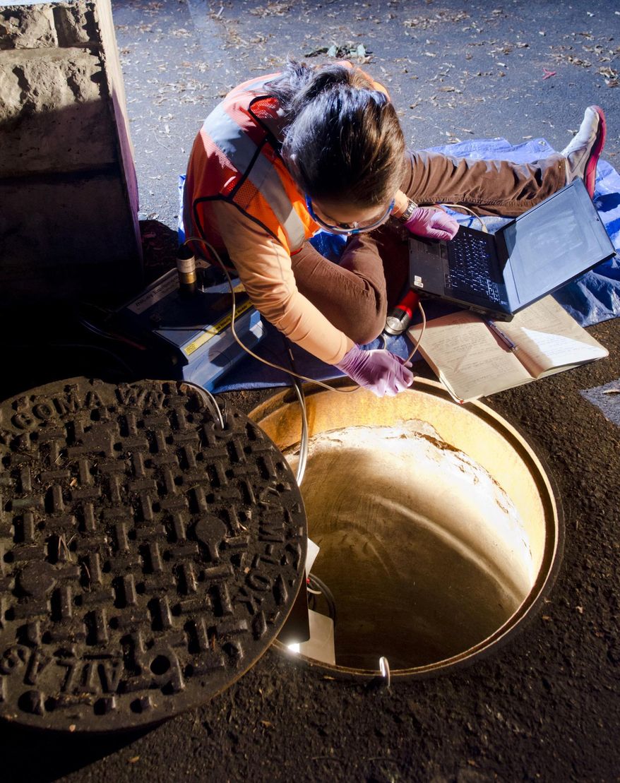 In this 2013 photo provided by the University of Puget Sound, Kathryn Ginsberg collects wastewater that will be tested for trace levels of pharmaceutical drugs from a sewer near Tacoma, Wash. The federal government is chipping in money for a three-year pilot study using sewage samples to determine levels of marijuana use in two Washington cities — research that could help answer some key questions about pot legalization, the University of Puget Sound announced Monday, June 22, 2015. (Ross Mulhausen/University of Puget Sound via AP)