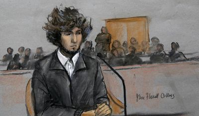 In this Dec. 18, 2014, courtroom sketch, Boston Marathon bombing suspect Dzhokhar Tsarnaev sits in federal court in Boston for a final hearing before his trial begins in January. More than 30 victims of the Boston Marathon bombing and their family members are expected to describe the attack’s impact on their lives before a judge formally sentences Tsarnaev to death. Tsarnaev’s sentencing hearing is scheduled for Wednesday, June 24, 2015, in U.S. District Court. (Jane Flavell Collins via AP, File)