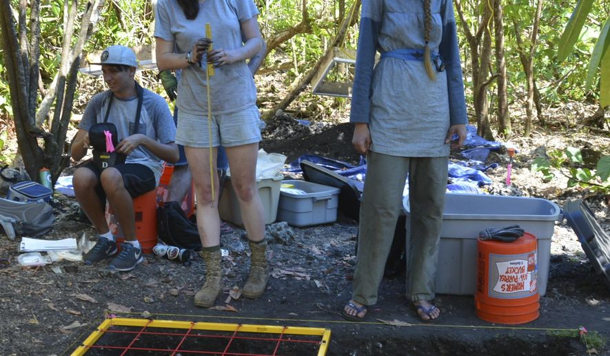 ADVANCE FOR WEEKEND JUNE 27-28 - In this photo, taken on Friday, June 19, 2015, Students in a program run by the University of Hawaii record and map artifacts at a recently discovered ancient Chamorro village site near Ritidian Point in Yigo, Guam. The recent rediscovery of the ancient village has drawn American and international anthropology students to Guam's Ritidian area to search for more clues about what life might have been like in that place hundreds of years ago. (Mark Scott/Pacific Daily News via AP)