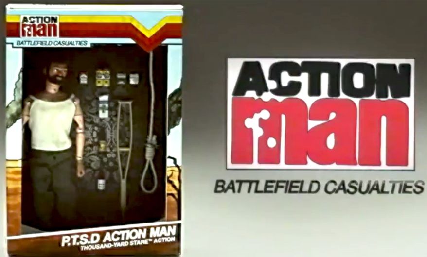 Veterans for Peace U.K. has released "Action Man: Battlefield Casualties" mock toy commercials to draw attention to PTSD and other veterans issues. (Image: YouTube, Veterans for Peace UK, screenshot) ** FILE **