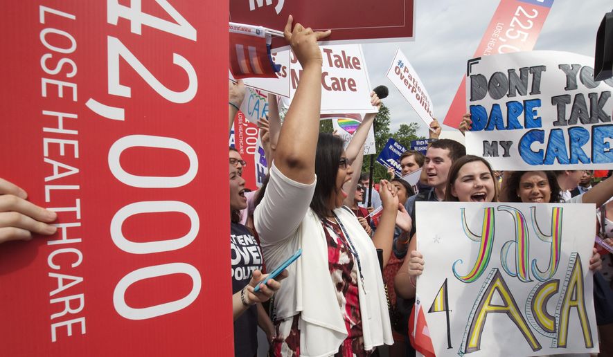 Jessica Ellis, right, with &amp;quot;yay 4 ACA&amp;quot; sign, and other supporters of the Affordable Care Act, react with cheers as the opinion for health care is reported outside of the Supreme Court in Washington,Thursday June 25, 2015. The Supreme Court on Thursday upheld the nationwide tax subsidies under President Barack Obama&#x27;s health care overhaul, in a ruling that preserves health insurance for millions of Americans.  (AP Photo/Jacquelyn Martin)