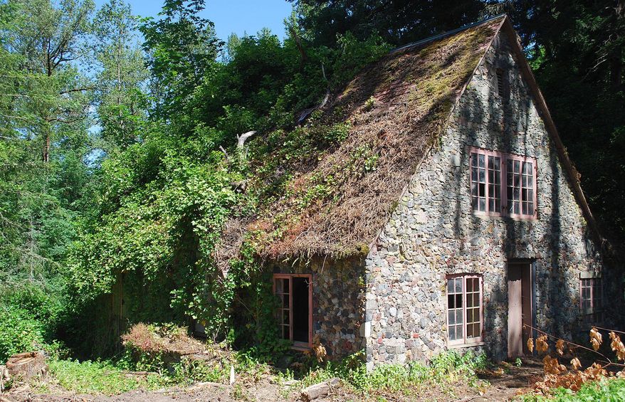 Hidden for decades behind a thicket of Douglas fir trees, this stone-covered cottage, built in 1923 near Lebanon, Ore., has been uncovered as dead trees have been removed from the property. (Alex Paul/Albany Democrat-Herald via AP)