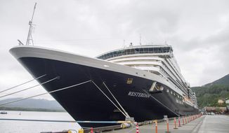 The Holland America Line cruise ship Westerdam sits in dock in Ketchikan, Alaska, on Thursday, June 25, 2015. Officials say eight passengers on an excursion off the ship and a pilot were in a plane that was found crashed against the granite rock face of a cliff about 20 miles northeast of Ketchikan, Alaska.  All nine people aboard died in the crash, authorities said. (Taylor Balkom/Ketchikan Daily News via AP).