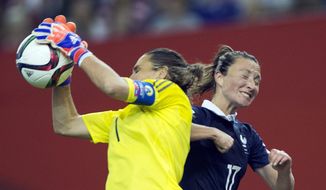 Germany goalkeeper Nadine Angerer, left, catches a shot as France&#39;s Gaetane Thiney moves in during the second-half of a quarterfinal match in the FIFA Women&#39;s World Cup soccer tournament, Friday, June 26, 2015, in Montreal, Canada. (Ryan Remiorz/The Canadian Press via AP) MANDATORY CREDIT