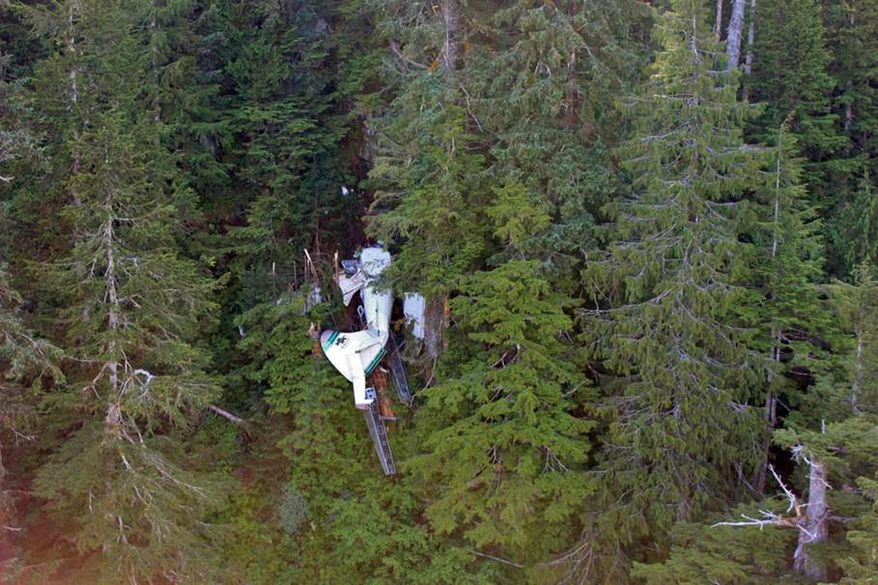 This photo, posted Sunday, June 28, 2015, on the Twitter page of the National Transportation Safety Board, shows the wreckage of a sightseeing plane that crashed in remote, mountainous terrain about 25 miles from Ketchikan in southeast Alaska on Thursday, June 25. All eight passengers and the pilot were killed. The plane was on its way back from the Misty Fjords National Monument when it crashed. The eight victims were passengers on a cruise ship, and the side trip on the floatplane was sold through the cruise company Holland America. (National Transportation Safety Board via AP)