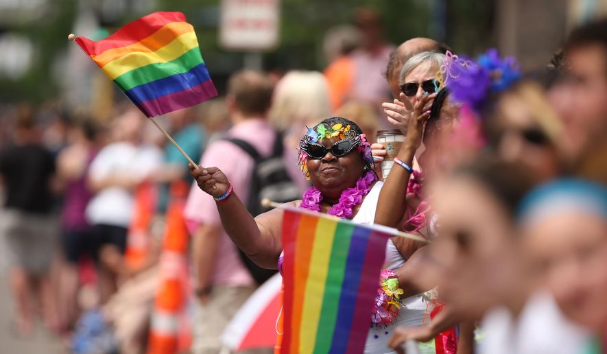 In this file photo, a woman waves a rainbow flag during the Gay Pride Parade in Minneapolis, Sunday, June 28, 2015. (Jeff Wheeler/Star Tribune via AP) **FILE**