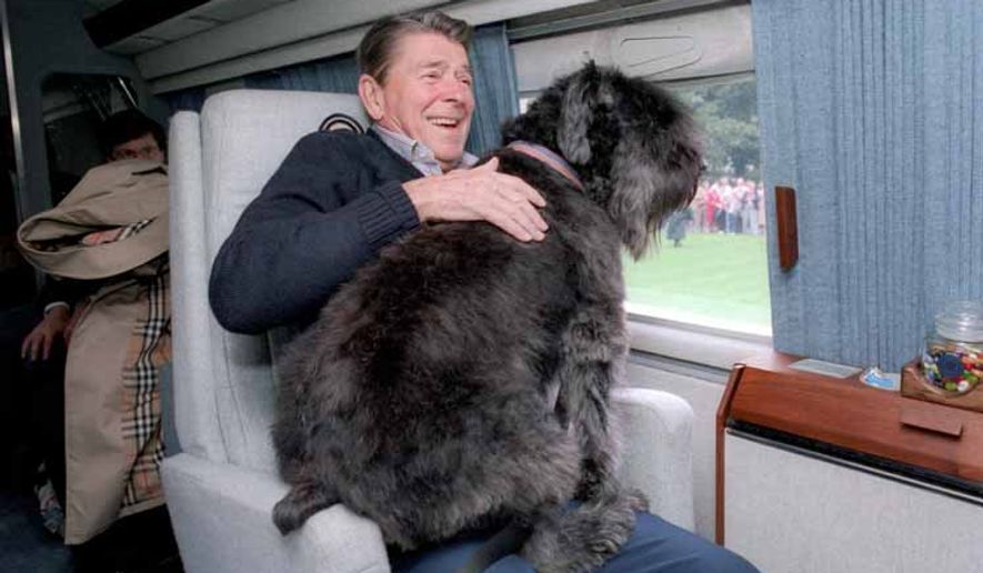Ronald Reagan aboard a helicopter with one of his dogs, Lucky.