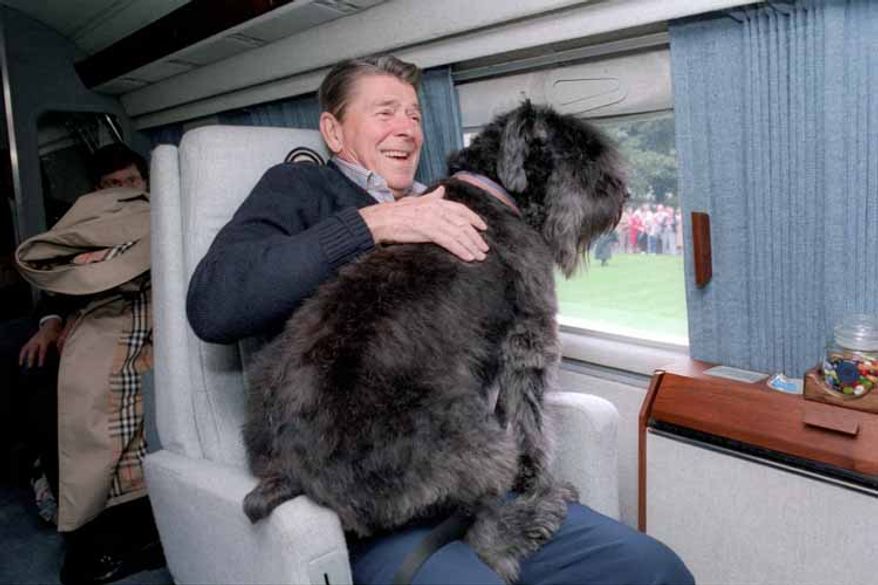 Ronald Reagan aboard a helicopter with one of his dogs, Lucky.