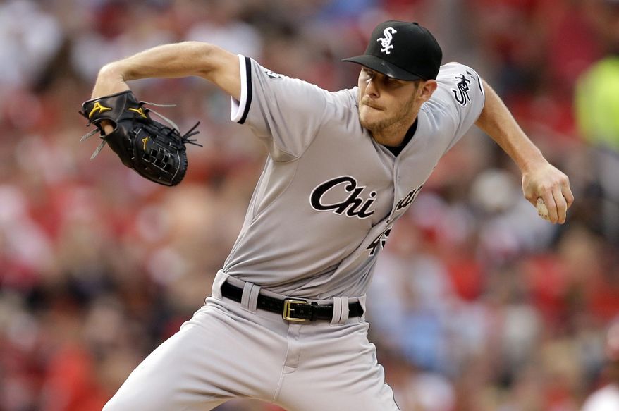 Chicago White Sox starting pitcher Chris Sale throws during the first inning of a baseball game against the St. Louis Cardinals on Tuesday, June 30, 2015, in St. Louis. (AP Photo/Jeff Roberson)