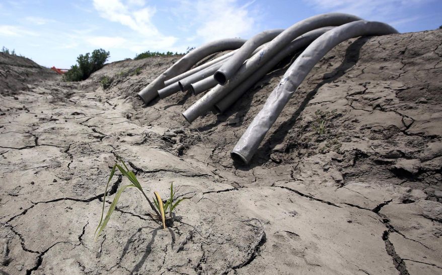 FILE - In this May 18, 2015, file photo, irrigation pipes hang along a dried irrigation canal on a field farmed by Gino Celli near Stockton, Calif. California's drought-stricken cities set a record for water conservation, reducing usage 29 percent in May, according to data released by a state agency Wednesday, July 1, 2015. (AP Photo/Rich Pedroncelli, File)