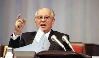 Soviet President Mikhail Gorbachev comments before the Congress of People&#39;s Deputies during debate on his proposal to transform the Soviet Union into a confederation of sovereign states in Moscow on Wednesday, Sept. 4, 1991. Officials also said that Gorbachev has agreed to independence for the Baltic republics and will issue a formal decree making them the first republics to win such recognition from the Soviet Union. (AP Photo/Alexander Zemlianichenko)
