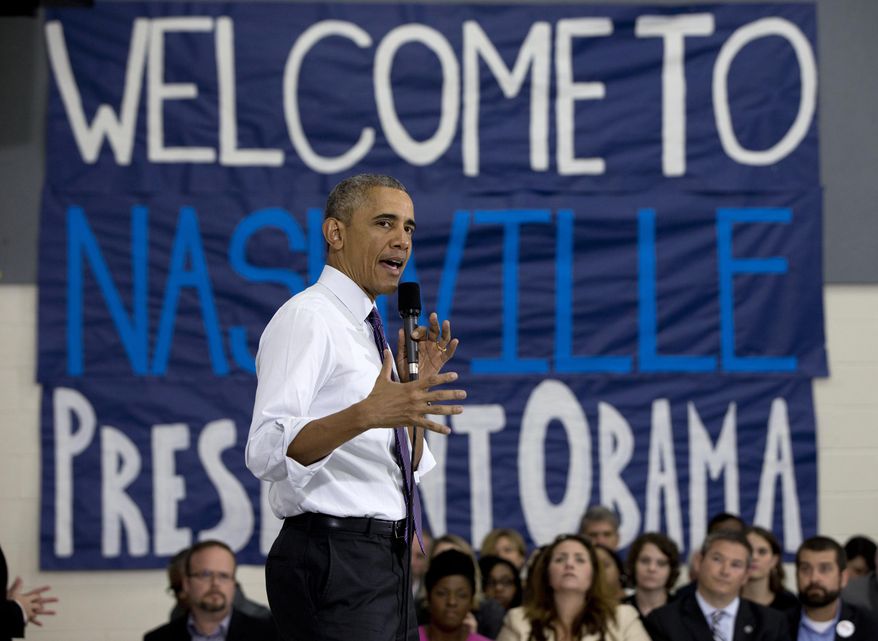 President Barack Obama speaks at Taylor Stratton Elementary School, in Nashville, Tenn, Wednesday, July 1, 2015, about the Affordable Care Act. The president said he wants to refocus on improving health care quality, expanding access and rooting out waste now that the Supreme Court has upheld a key element of his health care law. (AP Photo/Carolyn Kaster)