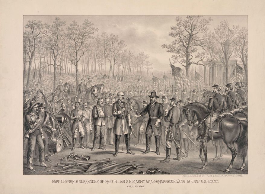 This image provided buy the Library of Congress shows an artists rendering of the surrender of Confederate General Robert E. Lee to Union General Ulysses S. Grant at Appomattox Court House on April 9, 1865. (Associated Press)