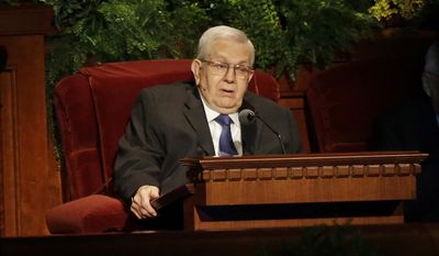 President Boyd K. Packer of the Quorum of Twelve Apostles of The Church of Jesus Christ of Latter-day Saints, addresses the 184th Annual General Conference of the LDS in Salt Lake City on April 6, 2014. The Mormon leader died Friday, July 3, 2015, at age 90. Church spokesman Eric Hawkins said Packer died at his home in Salt Lake City from natural causes. (AP Photo/Rick Bowmer, File)