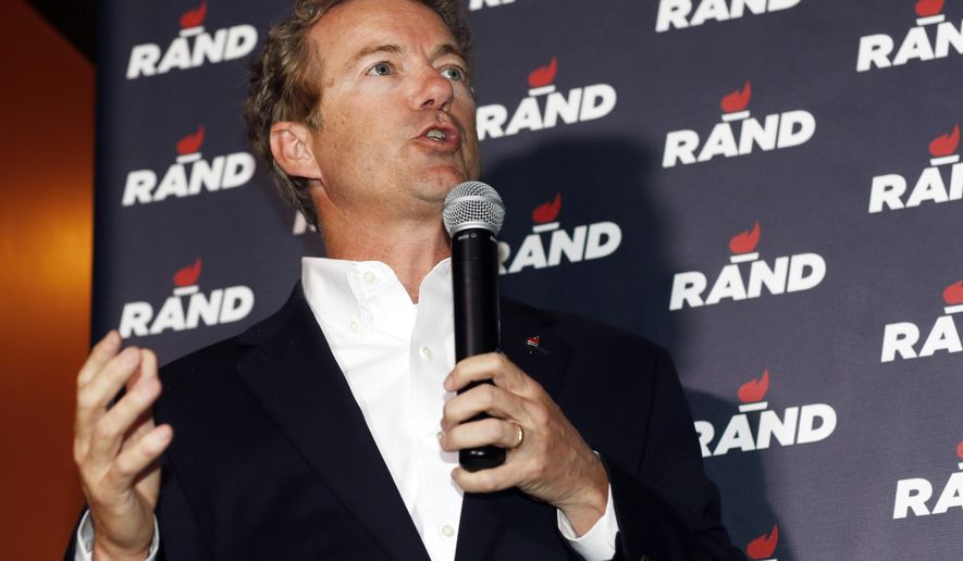Sen. Rand Paul, Kentucky Republican and presidential hopeful, speaks during a campaign stop at a sports bar in the Cherry Creek area in Denver on June 30, 2015. (Associated Press) **FILE**