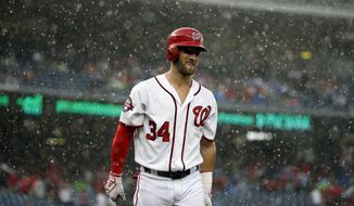 Washington Nationals&#39; Bryce Harper (34) walks back to the dugout as the game is delayed due to rain during the first inning of a baseball game against the Cincinnati Reds at Nationals Park, Monday, July 6, 2015, in Washington. (AP Photo/Alex Brandon)