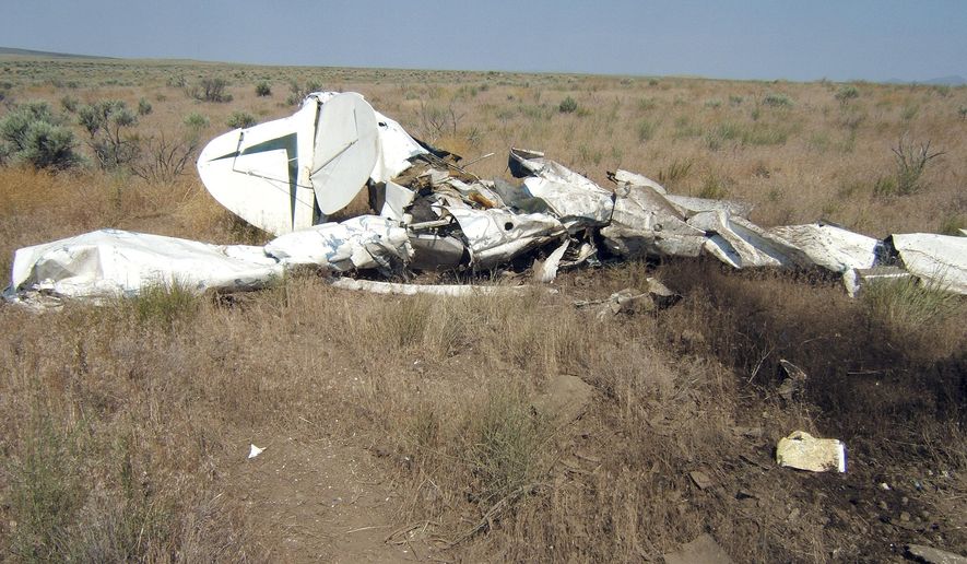 This Thursday, July 2, 2015 photo provided by the Blaine County Sheriff’s Office shows the wreckage of a small aircraft which went down at the Craters of the Moon National Monument in Idaho. Toxicology tests are planned on the body of the 21-year-old commercial pilot who died in the crash. Blaine County Coroner Russ Mikel says Neil MacNichol died of blunt force trauma in the crash. (Blaine County Sheriff's Office via AP)