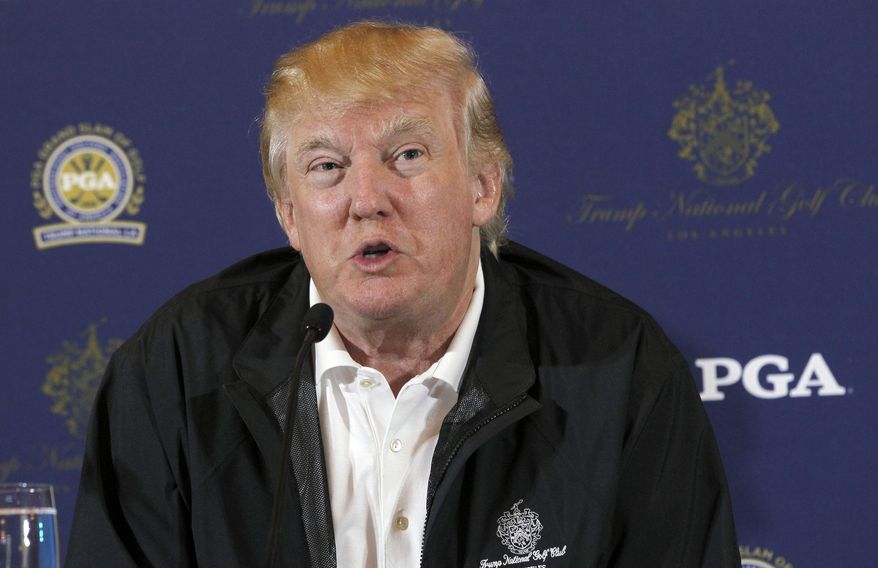 Donald Trump speaks during a news conference in Rancho Palos Verdes, Calif., in this March 10, 2015, file photo. The PGA of America is moving its Grand Slam of Golf from Donald Trump's golf course in Los Angeles. (AP Photo/Nick Ut, File)